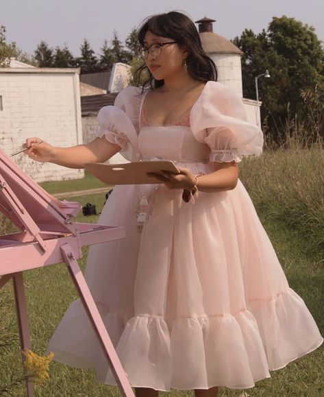 Pink Cottagecore Aesthetic Outfits, Short Poofy Dresses, Pink Cottagecore Dress, Flower Knight, Corset Fashion Outfits, Poofy Dress, Cottagecore Dresses, Peach Puff, Stylish Short Dresses