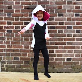 spider gwen (into the spider-verse) - Only from Primary - Solid color kids clothes - No logos, slogans, or sequins - All under $25 Spider Gwen Costume Toddler, Ghost Spider Outfit, Diy Spider Gwen Costume, Diy Gwen Stacy Costume, Diy Ghost Spider Costume, Ghost Spider Costume, Gwen Costume, Spider Gwen Costume, Spider Girl Costume