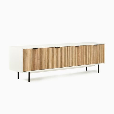 Quinn Lacquer Media Console (80") - Haze/Antique Brass | West Elm Quinn Media Console, West Elm Console, Mid Century Console, Modern Media Console, Media Storage Cabinet, Contemporary Console, Oversized Furniture, Modern Console Tables, Modern Console