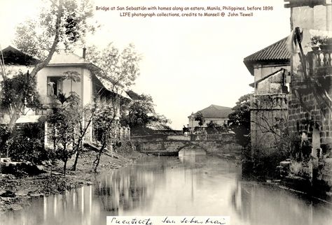 https://flic.kr/p/Wid2dL | Bridge at San Sebastián with homes along a estero, Manila, Philippines, before 1898 | Bridge at San Sebastián with homes along the estero (canal) in Manila during the time of Spanish rule.   Photographer: unknown Provider: LIFE Credits: Mansell Copyright: © Time Inc. Phillipines History, Philippines Pictures, Pinoy Culture, New Manila, Philippine History, Location Inspiration, Manila Philippines, Spanish House, San Sebastian