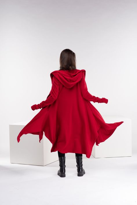 Cozy Long-sleeve Winter Cape, Red Winter Cape Shawl, Cyberpunk Hoodie, Red Cape Coat, Luxury Red Winter Cape, Red Oversized Cape Outerwear, Red One-size Poncho Cape, Knit Sweater Coat, Red Cape