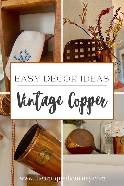 various ways of using vintage copper as home decor Copper And Wood Decor, Copper Display Kitchen, Copper Bucket Decor Ideas, Decorating With Copper Accents, Copper Pot Decor Ideas, Vintage Copper Decor, Decorating With Copper In The Kitchen, Brass Bowl Decor Ideas, Copper Bowl Decor Ideas