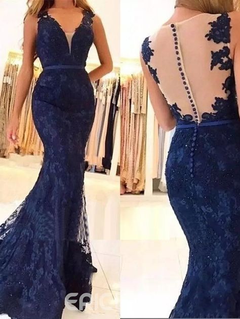 Ericdress Mermaid V-Neck Button Lace Evening Dress Navy Lace Prom Dress, Navy Blue Mermaid Prom Dress, Formal Dresses Mermaid, Lace Prom Gown, Africa Dress, Lace Formal Dress, Lace Prom Dress, Dresses Mermaid, Prom Dresses Lace