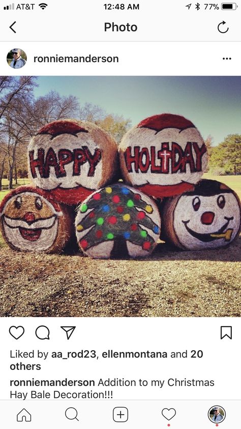 Painted Hay Bales Christmas, Christmas Bales Hay, Round Bales Of Hay Decor, Christmas Hay Bales Decoration, Christmas Hay Bale Decor, Christmas Hay Bales, Hay Bales Decorations, Christmas Hay Bale, Hay Bale Christmas