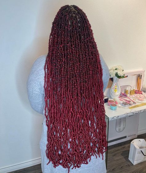 Long Red Goddess Braids, Dark Red And Black Braids, Deep Red Braids, Long Red Braids For Black Women, Dark Red Faux Locs, Red Faux Locs, Red Season, Natural Hair Routine, Hair Secrets