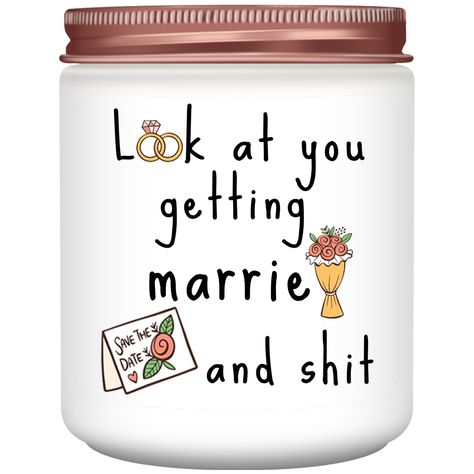 PRICES MAY VARY. Bridal Shower Gifts: This funny lavender scented candle gift comes with a humorous make-her-have-a-good-laugh-ha-ha-ha phrase: look at you getting married and shit! Is a real attention-getting gift that newlyweds and couples will love. These would be the best unique wedding gifts, bridal shower gifts for bride, bride to be gifts, engagement gifts for couples, bride gifts, bachelorette gifts for bride, and engagement gifts for her. She will be smiling with joy on this special day Cricut Bride Gifts, Unique Engagement Gifts For Couple, Personal Wedding Gifts, Bachelorette Gifts For Bride, Bridal Shower Baskets, Bridal Shower Gift Ideas, Bride To Be Gifts, Bachelorette Bride Gifts, Unique Engagement Gifts