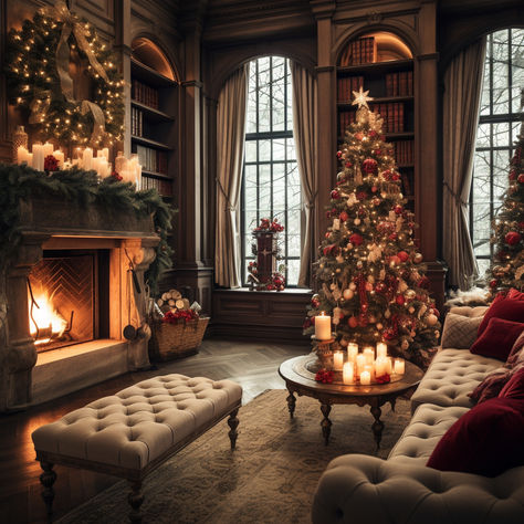 Christmas Decorated Living Room, Moody Vintage Living Room, Manor Aesthetic, Cozy Castle, Christmas Palace, Fireplace Cozy, Christmas Castle, Atmospheric Perspective, Moody Atmosphere