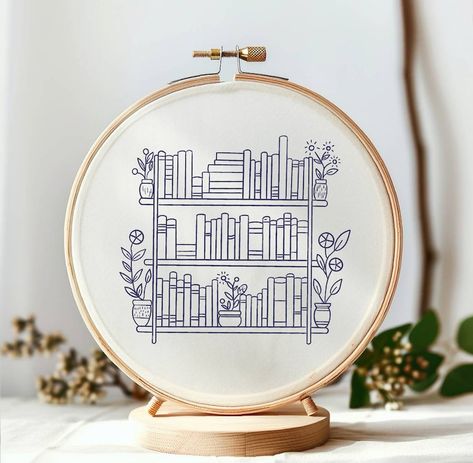 Bookshelf With Flowers Embroidery Design Digital Download Pattern, Perfect for Library Hoop Art Wall Hangings, Decor for Book Lover's Space. - Etsy Israel Hoop Art Wall, Flowers Embroidery, Embroidery Flowers Pattern, Embroidery Designs Fashion, Hand Embroidery Art, Embroidery Hoop Art, Flowers Pattern, Hand Embroidery Patterns, Embroidery Inspiration