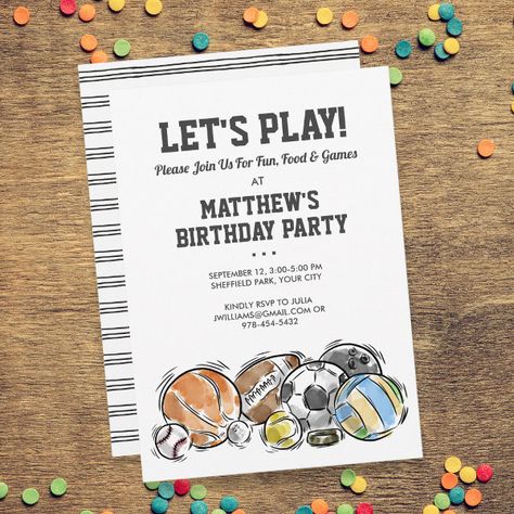 Sports Balls Athletic Birthday Party Invitation Sports 3rd Birthday Party, Sports Theme Birthday Party, Sports Party Invitations, Ball Hockey, Birthday Party Boys, Sports Birthday Invitations, Sports Theme Birthday, Sports Birthday Party, Basketball Birthday