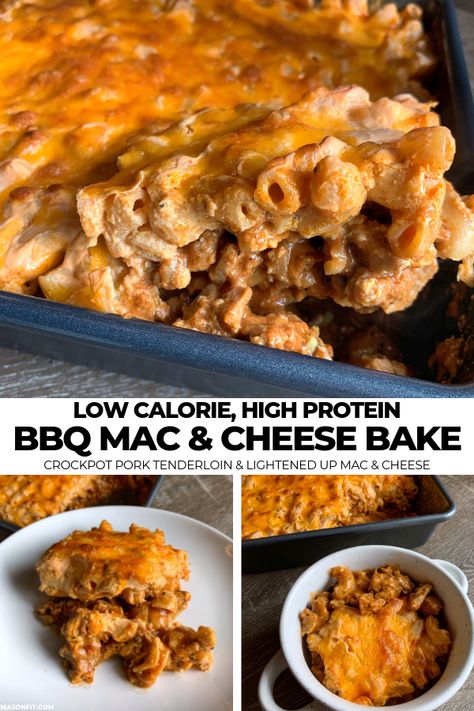 Mason Fit Recipes, Pork And Mac And Cheese, Low Calorie Mac And Cheese, 40 Grams Of Protein, Bbq Crockpot, Mason Woodruff, Crockpot Pork Tenderloin, Low Calorie High Protein, Chicken Pasta Bake