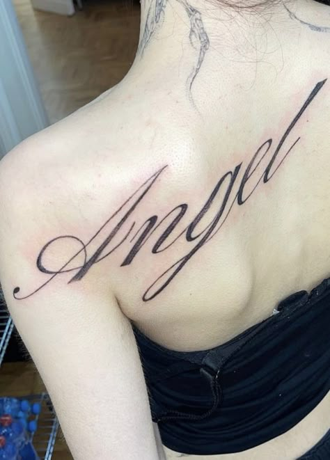 28 06 42 12, Big Cursive Tattoo, Angel Written Tattoo, Long Cursive Font Tattoo, Angel Cursive Tattoo, Angel Tattoo Writing, Angel Text Tattoo, Angel Writing Tattoo, Cursive Back Tattoo