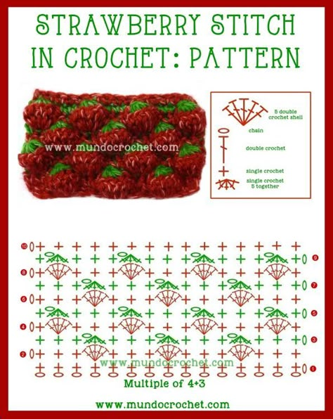 Watch how to do the strawberry stitch pattern Strawberry Stitch, شال كروشيه, Crochet Strawberry, Stitch Crochet, Crochet Diy, Crochet Diagram, Crochet Stitches Patterns, Crochet Stitch, Crochet Chart