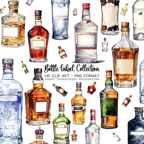 Alcohol Stickers, Watercolor Alcohol, Alcohol Bottle Crafts, Cocktails Clipart, Holiday Labels, Summer Clipart, Alcohol Bottles, Vibrant Watercolor, Sublimation Projects