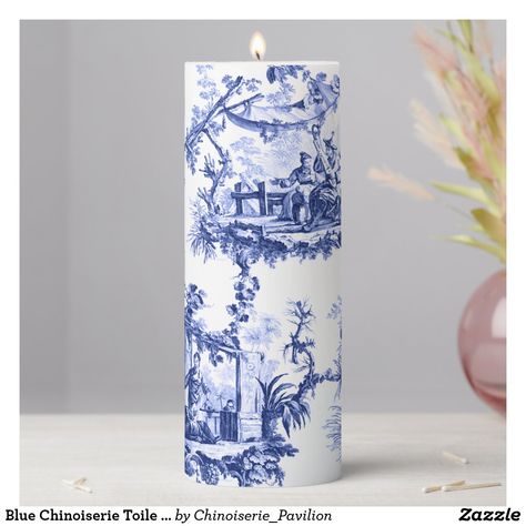 Blue Chinoiserie Toile PIllar Candle Chinoiserie Candles, Chinoiserie Party, Blue Photoshoot, Blue Shabby Chic, Blue Chinoiserie, Shabby Chic Living, Shabby Chic Living Room, Candles Handmade, Monochrome Art