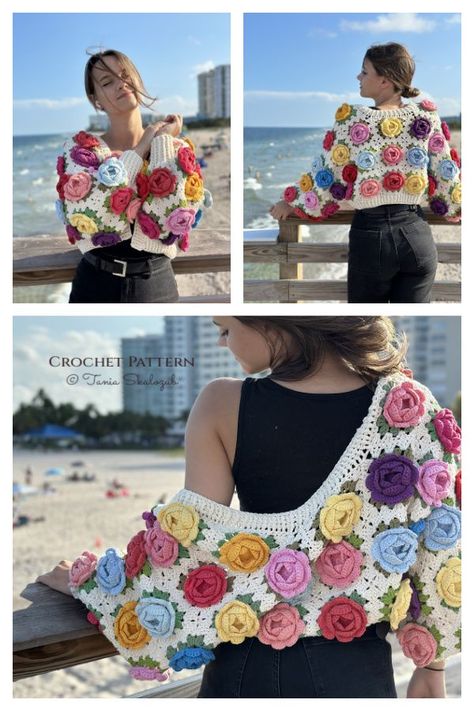 Rose Garden Jacket Crochet Pattern Crochet Flower Cardigan Pattern Free, Crochet Jacket Pattern Free, Crochet Cardigan With Flowers, Crochet Rose Cardigan Pattern, Rose Granny Square Cardigan, Crochet Flower Cardigan, Rose Crochet Cardigan, Granny Square Crochet Patterns Free Coats & Jackets, Crosia Design