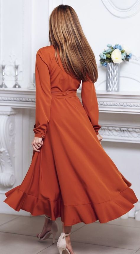 Fall Cocktail Dresses, Auburn Dress, Fall Cocktail Dress, Party Dress Formal, Wrap Dress Bridesmaid, Long Wrap Dress, Cocktail Dress Wedding Guest, Fall Cocktail, Ruffle Wrap Dress