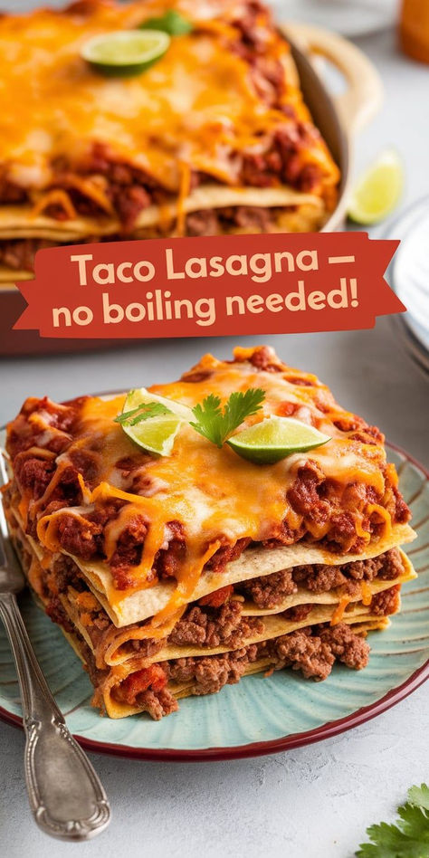 Make dinner a breeze with this No-Boil Taco Lasagna! Layers of flavorful ground beef, melty cheese, and soft tortillas come together in this crowd-pleasing, hassle-free dish that everyone will love. Taco Lasagna With Tortillas, Lasagna With Tortillas, Easy Taco Lasagna, Lasagna Layers, Taco Lasagna Recipe, Soft Tortillas, Taco Lasagna, Taco Party, Taco Dip