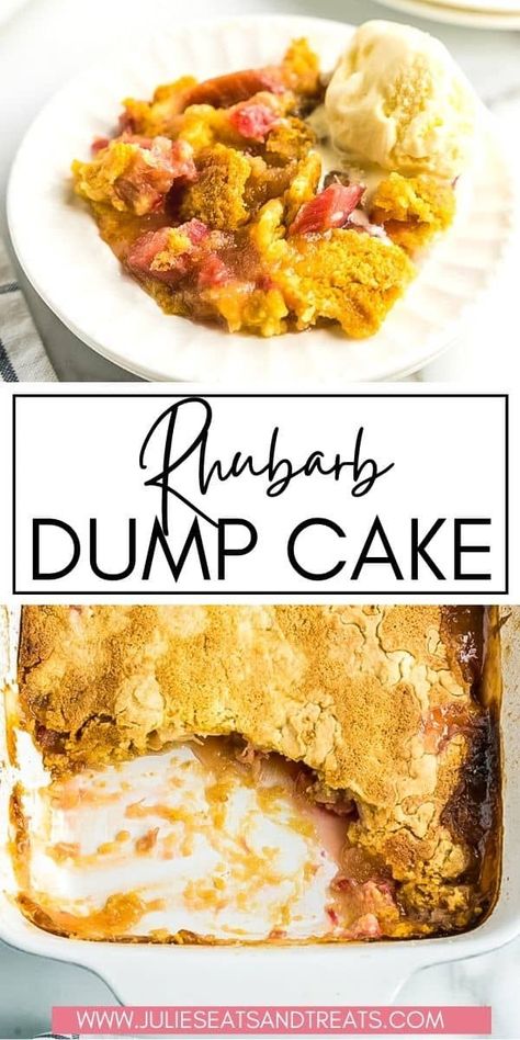 Easy dump cake that's perfect for the spring and summer! Rhubarb Dump Cake has a homemade rhubarb filling topped with a cake mix and butter. Rhubarb Dump Cake, Easy Rhubarb Recipes, Rhubarb Desserts Recipes, Strawberry Rhubarb Recipes, Rhubarb Dump Cakes, Rhubarb Cake Recipes, Best Rhubarb Recipes, Rhubarb Cobbler, Rhubarb Desserts