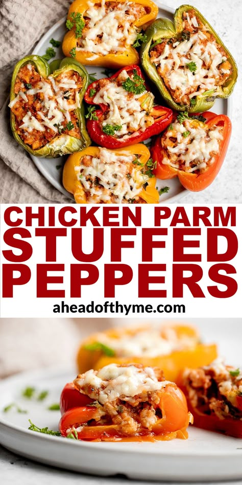 Chicken Parmesan Stuffed Peppers Stuffed Bell Peppers With Rotisserie Chicken, Bell Peppers Chicken Recipes, Chicken Stuffed Bell Pepper Recipes, Stuffed Chicken Bell Peppers Recipe, Stuffed Chicken Bell Peppers, Healthy Stuffed Bell Peppers Chicken, Cheesy Stuffed Bell Peppers, Stuffed Peppers To Freeze, Healthy Stuffed Bell Peppers Clean Eating