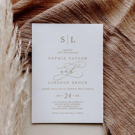 Romantic Gold Calligraphy Monogram Wedding Invitation | Zazzle Elegant Neutral Wedding Invitations, Wedding Invitation 2023, Wedding Invitations Champagne, Calligraphy Monogram, Popular Wedding Invitations, Confirmation Invitations, Fancy Hands, Monogram Wedding Invitations, Gold Calligraphy