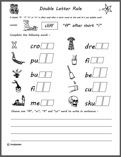 Rule: Double consonants "ff", "ll" "zz" and "ss" - Click to download. Double Letter Words Worksheet, Floss Words Worksheet, Floss Rule Worksheet Free, Floss Rule Worksheet, Double Consonants Worksheet, Double Letter Words, Flsz Rule, Kindergarten Curriculum Map, Floss Rule