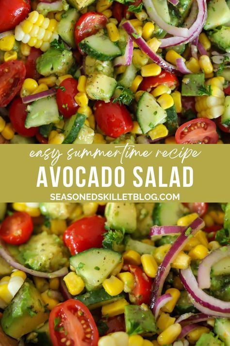 This avocado salad recipe is a delicious medley of fresh veggies like juicy tomatoes, crisp cucumbers, corn, and red onions, tossed in a light homemade citrus vinaigrette. Bring this flavourful summer salad to picnics, cookouts, barbecues, and potlucks. Vegetable Salad With Avocado, Tomato Avocado Salad Recipes, Summer Lunch Ideas For Guests, Cucumber Onion Avocado Salad, Chicken Corn Avocado Red Onion, Cucumber Tomato Avocado Salad Recipes, Avocado Tomato Cucumber Salad, Avacodo Tomato Cucumber Salad, Avocado Cucumber Tomato Salad