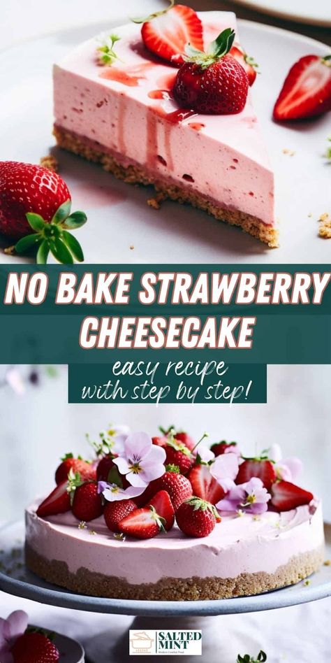 Indulge in this delicious no bake strawberry cheesecake, perfect for summer desserts. With a creamy filling and a graham cracker crust, it's an easy dessert that's bursting with summer fruit flavors. Ideal for any gathering or a simple treat at home. Strawberry Cheesecake Recipe Easy No Bake, Strawberry Cheesecake Recipe Easy, Easy No Bake Strawberry Cheesecake, Strawberry Cheesecake No Bake, Graham Cracker Dessert, No Bake Strawberry Cheesecake, Cracker Dessert, Cheesecake Tart, Easy Strawberry Desserts