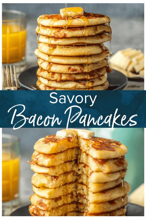 BACON PANCAKES have been a family favorite for years! We first had these savory pancakes and bacon bits at the Calgary Stampede in Canada and have been making them ever since. #bacon #pancakes #breakfast via @beckygallhardin Recipes Pancakes, Bacon Pancakes, Buttermilk Pancakes Fluffy, New Healthy Recipes, Pancakes And Bacon, The Cookie Rookie, Pancakes Breakfast, Easy Breakfast Recipe, Cookie Rookie