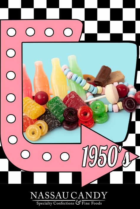 Take a tasty trip back in time to the 1950’s with Nancy Adams 1950’s Decades candy gift box. All the candy the cool cats had to have like candy necklaces, Chuckles, smarties and more in one gift set. You'll be made in the shade when you give 1950's candy decades boxes as party favors, wedding favors, birthday favors, or candy gifts. Nassau Candy is THE destination for retro candy from the 1950’s to today. Better burn rubber and check it out. 1950s Candy, Movie Candy, Old School Candy, 70 Birthday, Popular Candy, Penny Candy, Party Favors Wedding, Nostalgic Candy, Old Fashioned Candy