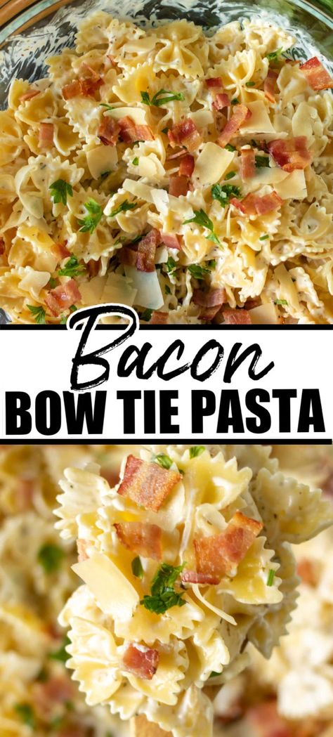 Creamy Bow Tie Pasta with bacon is simple comfort food that is easy to customize with grilled chicken, veggies, or delicious as is. With only seven ingredients and 30 minutes, you can have a family favorite on the table. | www.persnicketyplates.com Chicken Bacon Bowtie Pasta, Bow Tie Pasta Recipes, Creamy Bow Tie Pasta, Bow Tie Pasta Recipe, Persnickety Plates, Peameal Bacon, Pasta With Bacon, Bowtie Pasta Salad, Tuscan Pasta