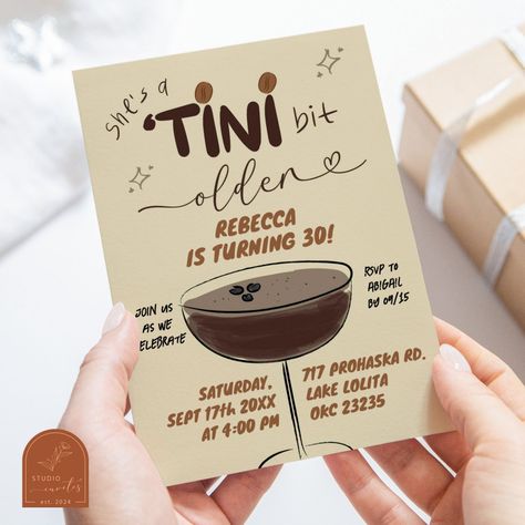 Retro Illustrated Espresso Martini Birthday Invitation Tini Bit Older Bday Theme Espresso, Espresso Martini Birthday Party, Espresso Martini Party, Espresso Martini Birthday, Birthday Martini, Martini Birthday, Martini Party, 30th Bday Party, 30th Birthday Themes