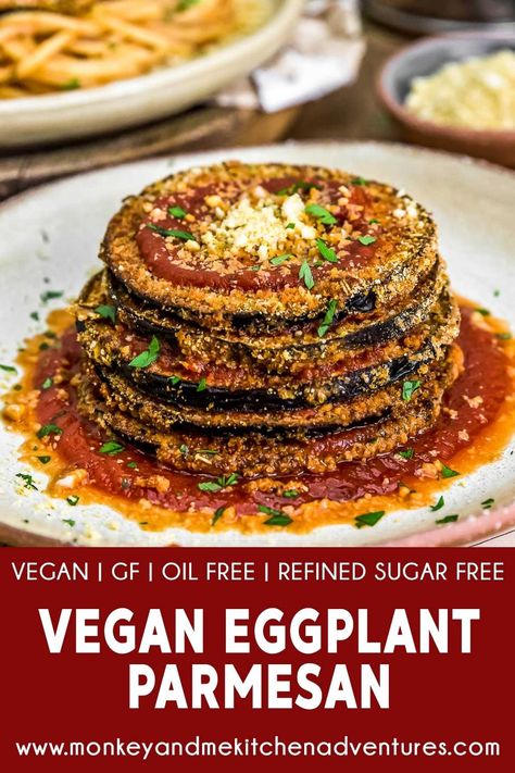 Oven baked to perfection, this healthy, oil-free Vegan Eggplant Parmesan is brimming with flavor the whole family will gobble them down! #vegan #oilfree #glutenfree #plantbased | monkeyandmekitchenadventures.com Vegan Gluten Free Eggplant Parmesan, Vegan Eggplant Parmesan Baked, Eggplant Parmesan Vegan, Eggplant Marinara, Vegan Eggplant Recipes, Baked Eggplant Slices, Paleo Entrees, Vegan Eggplant Parmesan, Dr Mcdougall