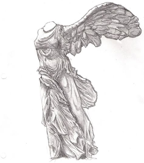 Nike Of Samothrace Drawing, Bargue Drawing, Underglaze Designs, Black Ink Tattoo, Cast Drawing, Winged Victory Of Samothrace, Woodcut Tattoo, I Want A Tattoo, Winged Victory