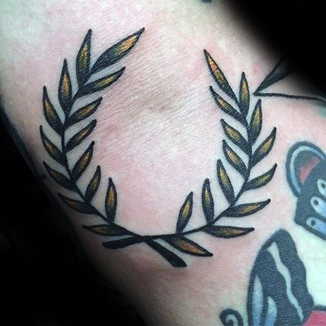 Small Traditional Old School Forearm Gold Laurel Wreath Male Tattoos Traditional Wreath Tattoo, Laurel Tattoo, Laurel Wreath Tattoo, Gold Laurel Wreath, Wreath Tattoo, Tatuagem Masculina Pequena, Branch Tattoo, Traditional Wreath, Sweet Tattoos