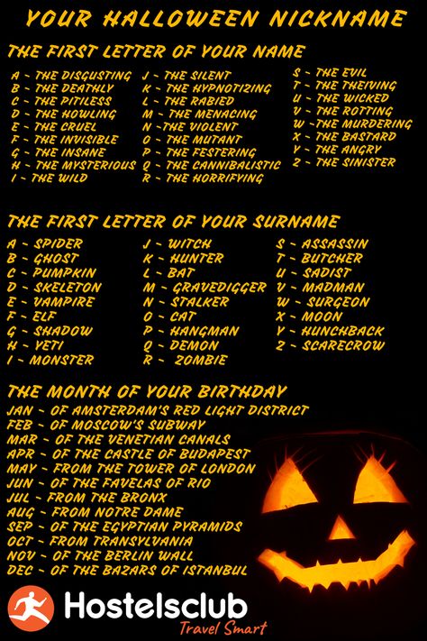 Find out your Halloween nickname and creepy new home! Winnie Hocus Pocus, Halloween Party Names, Halloween Meaning, Funny Name Generator, Halloween Names, Halloween Crafts Preschool, Celebration Around The World, Party Names, Festivals Around The World