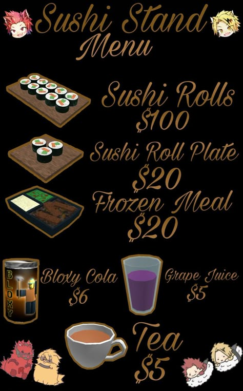 Menua Bloxburg Japanese Restaurant, Bloxburg Sushi Restaurant, Christmas Seafood Dinner Menu Ideas, Cafeteria Bloxburg, City Bloxburg, Bloxburg Ids, Bloxburg Town, Blox Burg, Sushi Menu