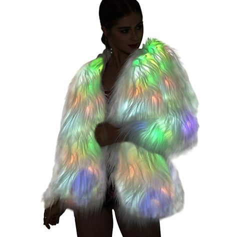 SZTOPFOCUS Women Vintage Winter Outwear Warm Light Up Burning Glow Fluffy Faux Fur Coat Sparking Rainbow LED Costume Jacket (White, L) Light Up Jacket, Luxury Pjs, Led Jacket, Us Costume, Africa Burn, Halloween Disco, Horror High, White Fur Jacket, Fur Costume