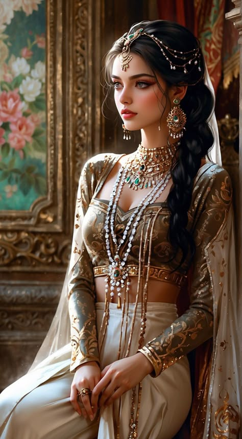 Indian Princess Royal, Arabian Princess Aesthetic, Indian Princess Art, Serafina Pekkala, Princess Dress Anime, Middle East Fashion, Arab Princess, Royal Ball Gown, Indian Queen