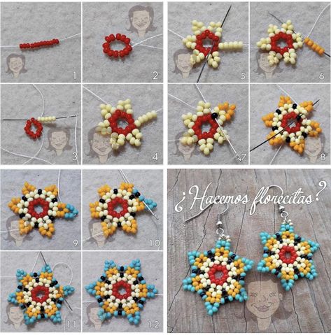 Huichol Earrings Pattern, Huichol Beading Pattern, Huichol Beading Tutorials, Seed Bead Earring Ideas, Flower Seed Bead Earrings, Beaded Flower Earrings Tutorial, Seed Bead Flower Earrings, Flower Seed Bead, Seed Bead Flower