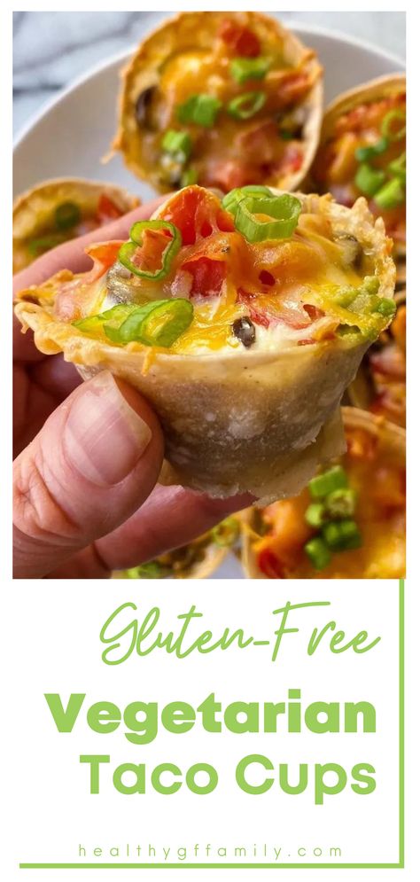 These easy taco cups are perfect for Game Day, Taco Tuesday or anytime you need a fun, festive and crowd-pleasing finger food! Gluten-free tortillas baked in a muffin tin and filled with seasoned beans, guacamole, sour cream, tomatoes and cheese. Super flavorful and perfect for entertaining. Make ahead options. Corn Tortilla Cups Muffin Tins, Gluten Free Mexican Appetizers, Mexican Hors D’oeuvres, Gluten Free Vegan Appetizers, Gluten Free Appetizers For Party, Seasoned Beans, Gluten Free Vegetarian Appetizers, Vegan Finger Food, Gluten Free Finger Foods