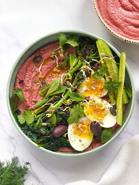 BEETROOT HUMMUS BREAKFAST BOWL — Sisterhood Nutrition Hummus Breakfast, Beetroot Hummus, Chocolate Banana Smoothie, Pumpkin Spice Pancakes, Vegan Pumpkin Spice, Small Cucumber, Ginger Smoothie, Sauteed Spinach, Breakfast Bowl