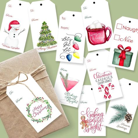 Watercolour Gift Tags Christmas, Hand Painted Gift Tags, Christmas Watercolor Gift Tags, Watercolour Gift Tags, Watercolor Gift Tags Christmas, Dit Christmas Gifts, Gift Tags Diy Handmade, To And From Tags, Christmas Gift Tag Ideas