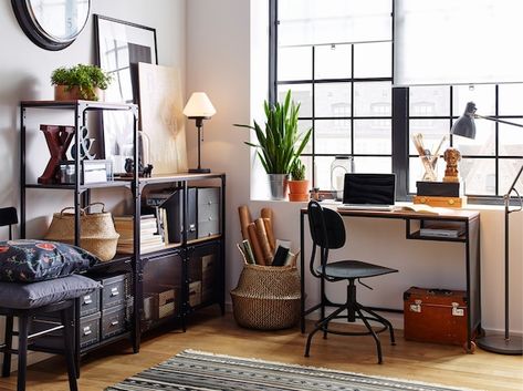 White workspace with wood floors and industrial style FJÄLLBO black metal and wood shelving and desk, by a window. Ikea Fjallbo, Fjällbo Ikea, Ikea Laptop Table, Housing Inspiration, Ikea Desk Hack, Rustic Desk, Apartment Makeover, Corner Office, Timeless Furniture