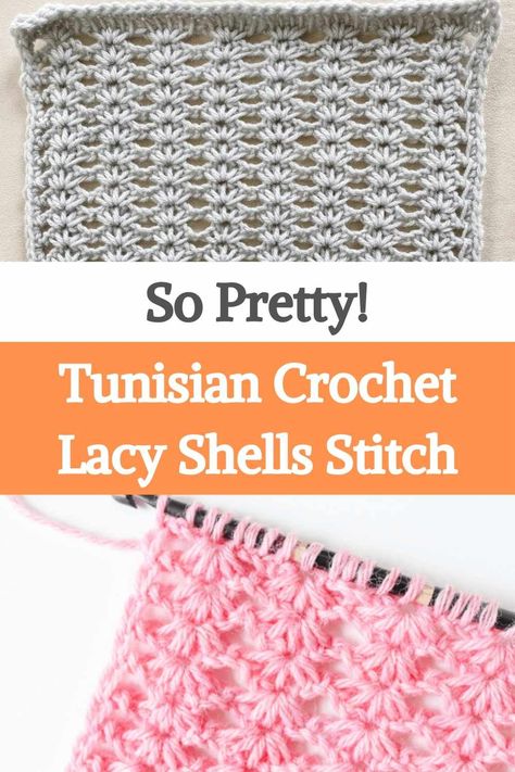 Shell stitches are a classic when it comes to traditional crochet, but did you know that you can get shell stitches in Tunisian crochet? Tunisian crochet lace shells will challenge your crochet skills, but the return is 100% worth it. Tunisian crochet has a reputation for creating thick, heavy, and dense fabrics. But there is, in fact, a lighter side to this fun craft. As with traditional crochet, adding chains to a Tunisian crochet pattern creates negative space and lightness in the finished... Tunisian Crochet Lace, Tunisian Crochet Free, Crochet Lace Scarf Pattern, Crochet Shell, Crochet Tunisian, Tunisian Crochet Pattern, Bruges Lace, Tunisian Crochet Hook, Tunisian Crochet Patterns