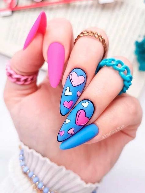 valentines day nails Comic Book Nails, Pop Art Nails, Valentine Nail Art, Nail Designs Valentines, Blue Nail, Heart Nails, Fancy Nails, Valentine's Day Nails, Valentines Nails