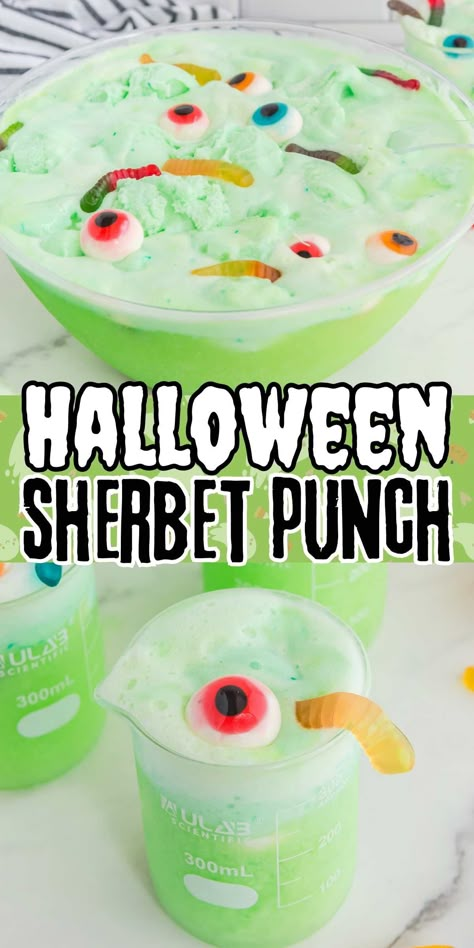 Halloween Sherbet Punch is a 4 ingredient, easy-to-make, lemon-lime juice drink filled with floating frothy sherbet, spooky eyeballs, and slimy worms. Halloween Inspired Drinks, Halloween Punch For Kids, Fun Halloween Drinks, Halloween Punch Recipes, Sherbet Punch, Halloween Ice Cream, Kids Punch, Halloween Punch, Easy Halloween Party