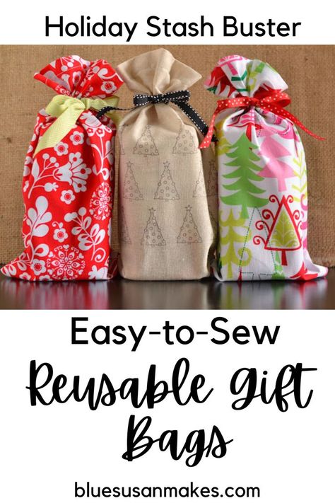 How to Make a Reusable Gift Bag with Ties - Use your holiday fabric stash to wrap your gifts this season with this adorable reusable gift bag tutorial Reusable Bags Diy, Reusable Wrapping Paper, Gift Bag Tutorial, Reusable Gift Wrap, Gift Bags Diy, Cute Sewing Projects, Holiday Gift Bag, Reusable Gift Bags, Diy Holiday Gifts