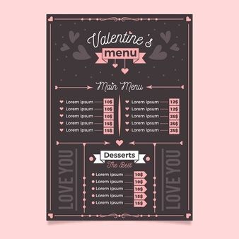 Menú de restaurante de san valentín | Vector Gratis Blackboard Lettering, Menu Cafe, Cafe Menu Design, Bakery Design Interior, Cafe Sign, Bakery Menu, Restaurant Menu Template, Bloxburg Decals, Cafe Menu