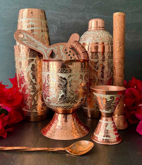 **IMPORTANT INFORMATION TO CONSIDER BEFORE ORDERING: PRODUCTS ARE 100% HANDMADE, THEREFORE, ALLOW 20 DAYS FOR PRODUCTION PER PRODUCT MENTIONED ON "PRODUCT PAGE" OF ITEM WITH TENTATIVE SHIPPING AFTER DEADLINE DATE. DEADLINE TO ORDER: 9/30/24 Mexican Handmade Copper Barware & Bar Tools- Silver Flowers Discover the Home Tequila Bar, Vintage Bar Accessories, Mexican Bar Ideas, Modern Mexican Home Decor, Modern Mexican Home, Artisan Decor, Bar Tool Set, Mexican Home Decor, Copper Bar