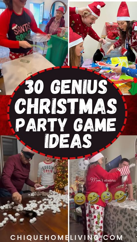 Turn your holiday gathering into an unforgettable celebration with these 30 Insanely Fun Christmas Party Game Ideas! 🎄 From classic favorites to creative new twists, these games are perfect for all ages. Try hilarious options like "Wrap the Mummy" gift wrap races, Christmas trivia challenges, or a "Pin the Nose on Rudolph" spin for kids. Adults will love festive drinking games, a White Elephant gift exchange, or a spirited round of holiday charades Christmas Party Reindeer Games, Christmas Chaos Game, Hilarious Christmas Games For Adults, Christmas Tree Poke Game, Fun Unwrapping Gift Games, Christmas Games For Teens Families, Fun Games To Play For Christmas, Fun Christmas Party Game, Holiday Christmas Party Games